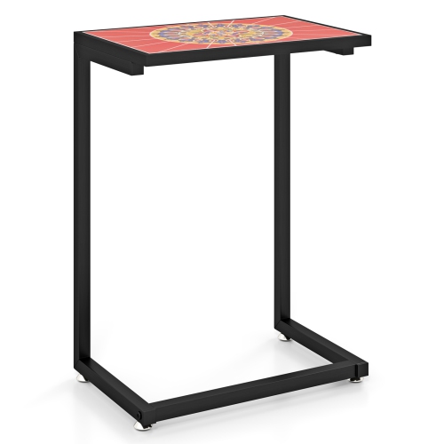 Gymax C-shaped Outdoor Side End Table w/ Ceramic Top for Patio Living Room Balcony