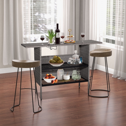 Gymax Patio Rattan Wicker Bar Height Counter Table Storage Shelf Rail Garden