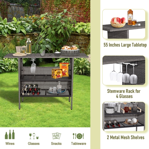 Gymax Patio Rattan Wicker Bar Height Counter Table Storage Shelf Rail Garden