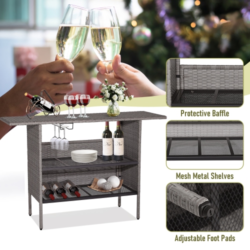 Gymax Patio Rattan Wicker Bar Height Counter Table Storage Shelf Rail Garden