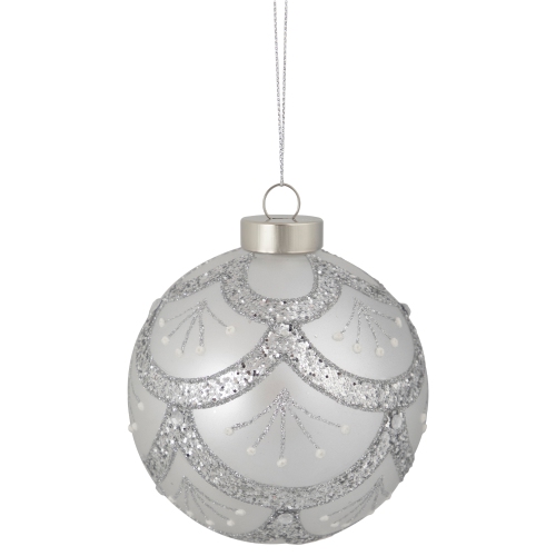 NORTHLIGHT  Glittered Cosmoid Glass Christmas Ball Ornament - 4" - In Silver
