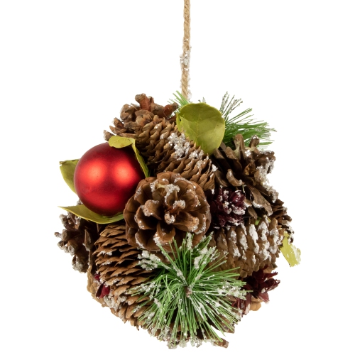 Berry and Pinecones Mixed Foliage Frosted Christmas Ball Ornament - 5.5"