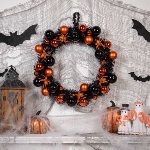 Orange Spiders and Ornaments Halloween Wreath, 18-Inch, Unlit