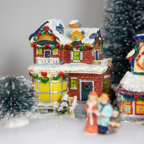 Two Story Snowy House with Garland and Wreaths Christmas Village Decoration - 4"