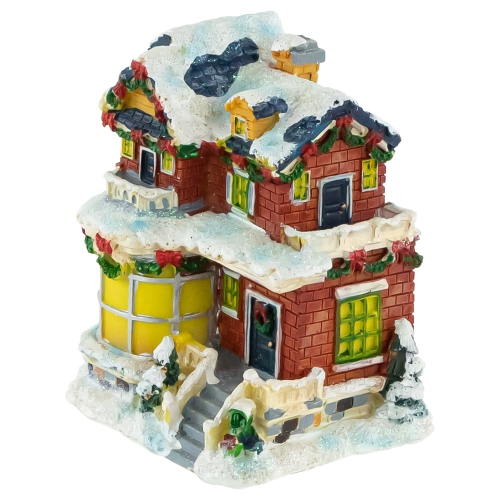 Two Story Snowy House with Garland and Wreaths Christmas Village Decoration - 4"