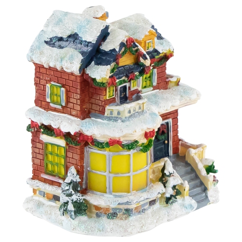 Two Story Snowy House with Garland and Wreaths Christmas Village Decoration - 4"