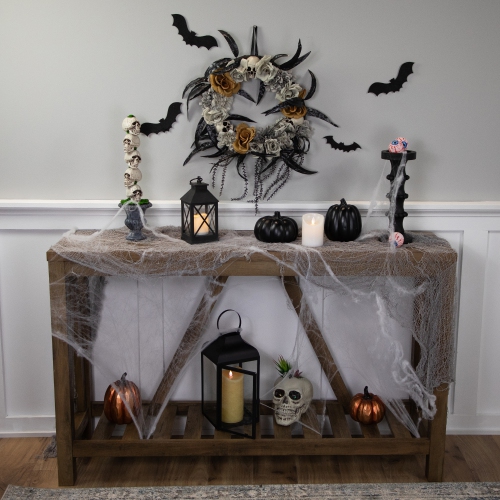 Skulls with Orange and Gray Roses Halloween Wreath, 14-Inch, Unlit