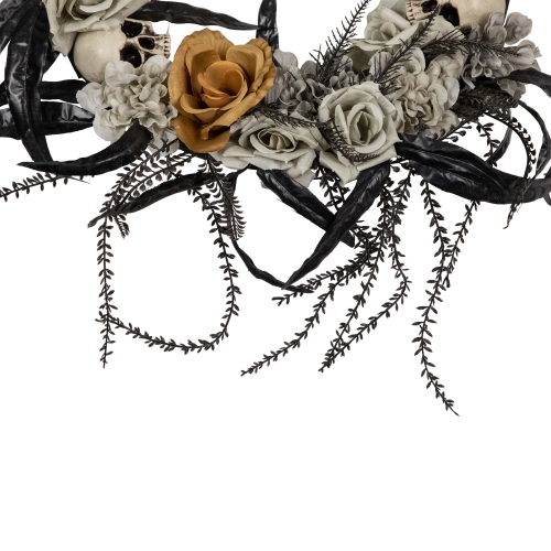 Skulls with Orange and Gray Roses Halloween Wreath, 14-Inch, Unlit