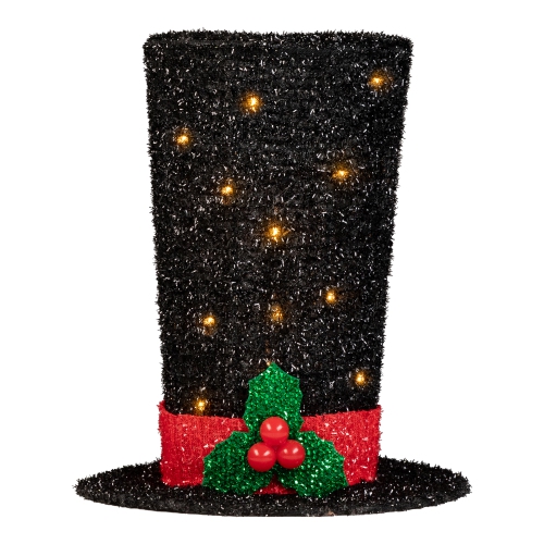 9.25" Lighted Black Tinsel Top Hat Christmas Tree Topper, Clear Lights