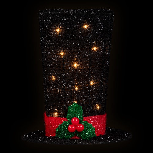 9.25" Lighted Black Tinsel Top Hat Christmas Tree Topper, Clear Lights