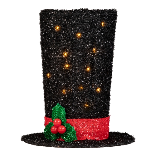 9.25" Lighted Black Tinsel Top Hat Christmas Tree Topper, Clear Lights