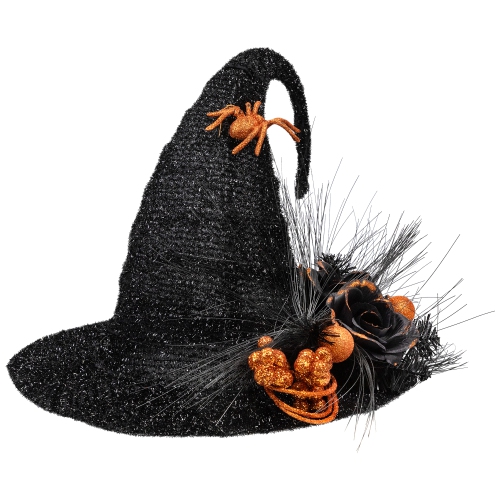 Tinsel Witch's Hat with Glittered Roses Halloween Decoration - 16"
