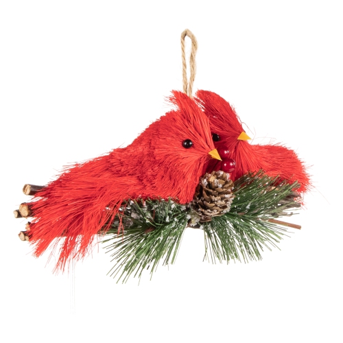 8" Double Cardinal and Pine Needle Branch Hanging Christmas Ornament