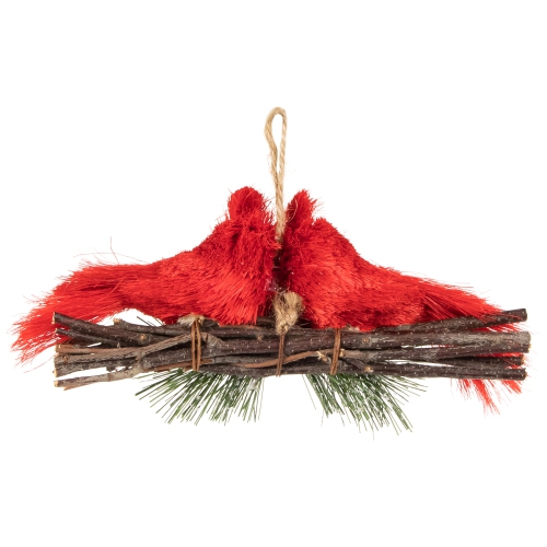 8" Double Cardinal and Pine Needle Branch Hanging Christmas Ornament