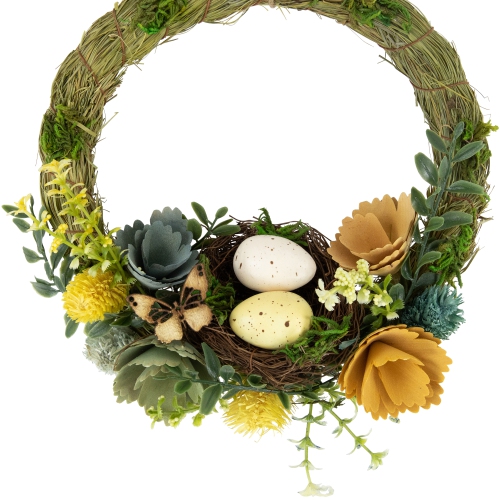 12" Easter Egg and Bird Nest Wreath with Wooden Flowers