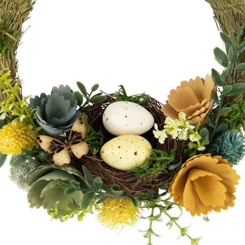 12" Easter Egg and Bird Nest Wreath with Wooden Flowers