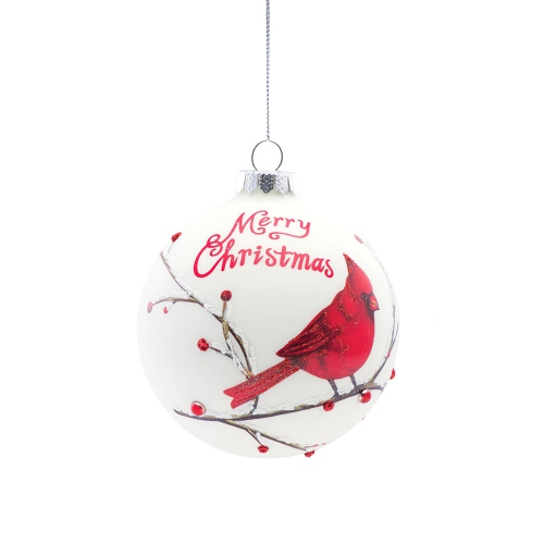 Set of 8 White Glass Ball Christmas Ornaments with Cardinals 4.75"