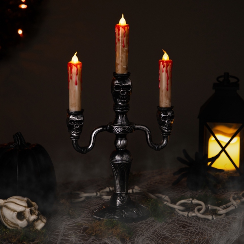 Antique-Style Skull Trio Flickering Halloween Candelabra - 13.75" - Amber Lights