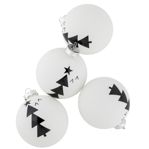 Star Topped Trees Glass Ball Christmas Ornaments - 3" - White and Black - 4ct