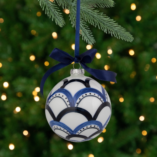 Boule de Noël en verre à festons - 4&nbsp;po - Blanc et bleu