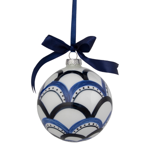 Boule de Noël en verre à festons - 4 po - Blanc et bleu