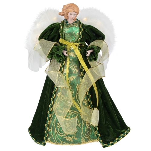 Angel with Lighted Wings Christmas Tree Topper - 14" - Green and Gold