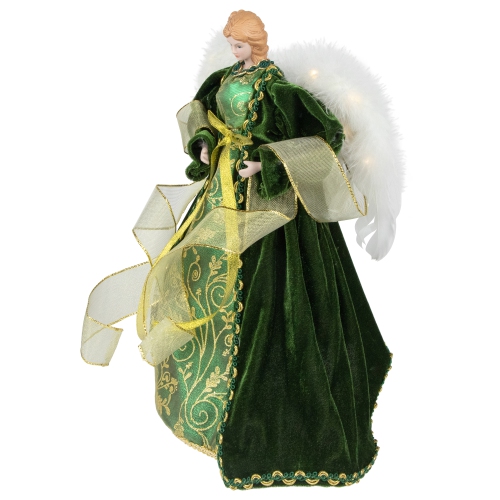 Angel with Lighted Wings Christmas Tree Topper - 14" - Green and Gold