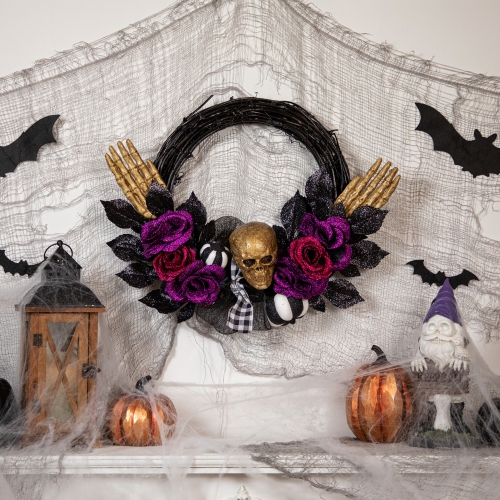 Skull with Hands and Purple Roses Halloween Twig Wreath, 22-Inch, Unlit