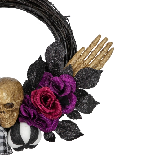 Skull with Hands and Purple Roses Halloween Twig Wreath, 22-Inch, Unlit