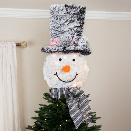 NORTHLIGHT  25" Lighted Snowman With Frosted Top Hat Christmas Tree Topper In Black