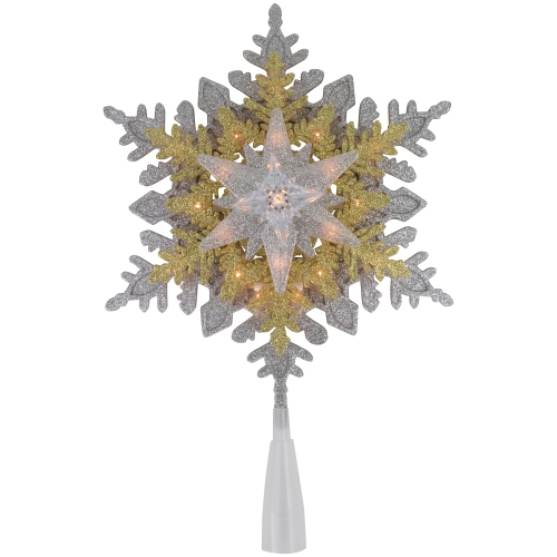 13.75" Lighted Gold and Silver Snowflake Christmas Tree Topper, Clear Lights
