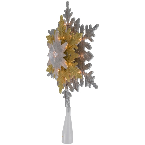 13.75" Lighted Gold and Silver Snowflake Christmas Tree Topper, Clear Lights