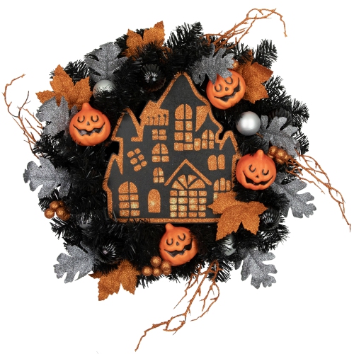 Orange and Black Haunted House Halloween Wreath, 24-Inch, Unlit