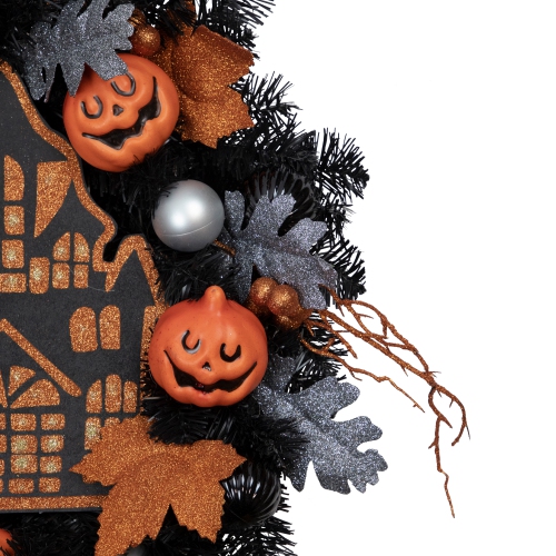 Orange and Black Haunted House Halloween Wreath, 24-Inch, Unlit