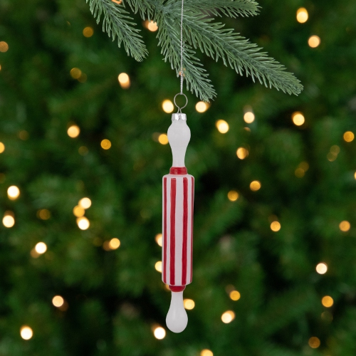 7.25" Red Striped Rolling Pin Glass Christmas Ornament