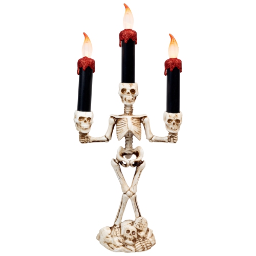Dripping Flameless Candles Skeleton Halloween Candelabra - 14.5" - Amber Lights