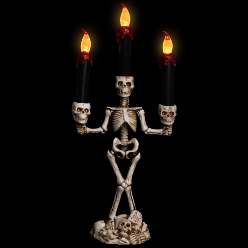 Dripping Flameless Candles Skeleton Halloween Candelabra - 14.5" - Amber Lights