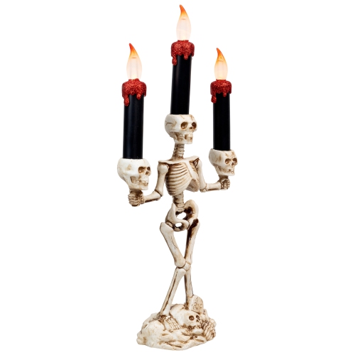 Dripping Flameless Candles Skeleton Halloween Candelabra - 14.5" - Amber Lights