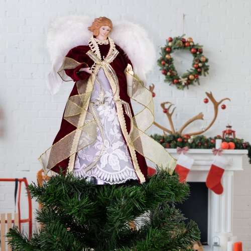 Angel with Lighted Candle Christmas Tree Topper - 14" - Burgundy and White