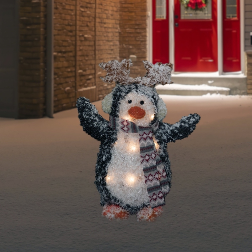 Lighted Snowy Penguin in Antler Hat Outdoor Christmas Decoration - 22" - Warm White