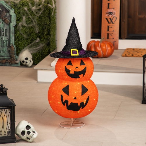 LED Lighted Jack-O-Lanterns in Witch's Hat Outdoor Halloween Decoration - 34"