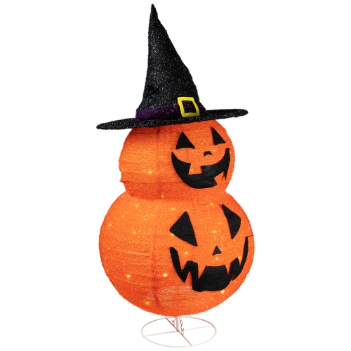 LED Lighted Jack-O-Lanterns in Witch's Hat Outdoor Halloween Decoration - 34"