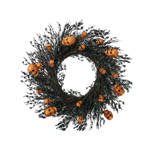 Black and Orange Skulls and Spiders Halloween Twig Wreath, 22-Inch, Unlit