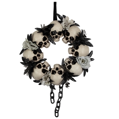 Skulls and Chains with Gray Roses Halloween Wreath, 15-Inch, Unlit