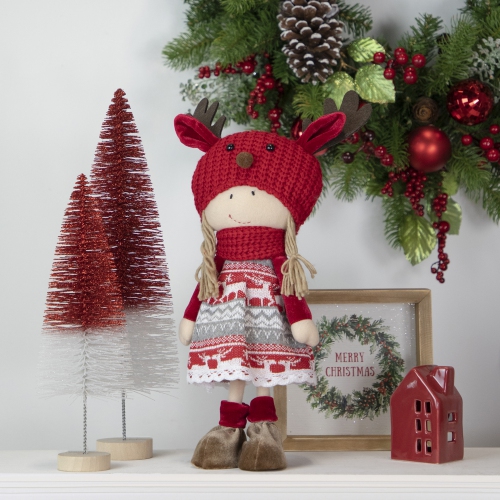 Nordic Girl with Moose Antler Hat Christmas Figure - 17" - Red and White