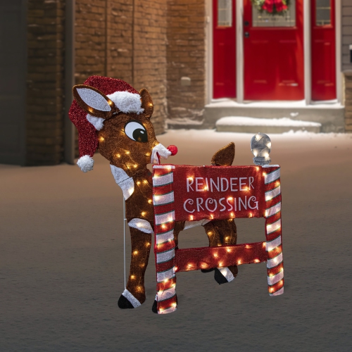 LED Lighted Rudolph Reindeer Crossing Outdoor Christmas Sign - 36" - Warm White