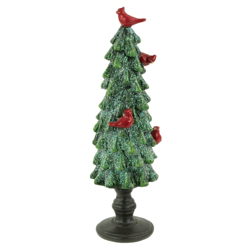 NORTHLIGHT  Glitte Christmas Tree With Cardinals Decoration - 8.75" - Green And In Red