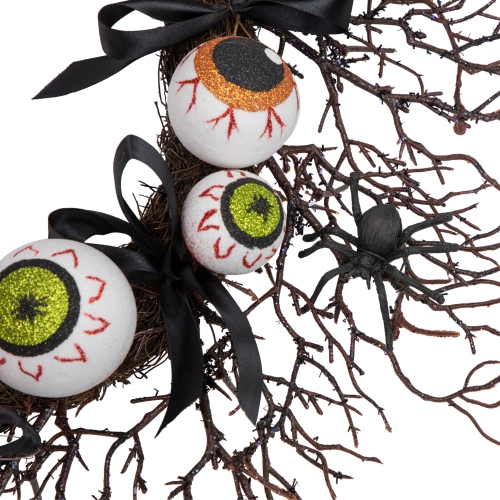 Eyeballs and Spiders Halloween Twig Wreath, 24-Inch, Unlit