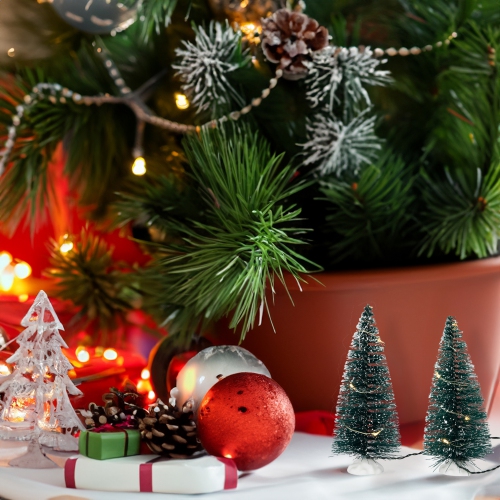 LED Lighted Frosted Mini Bottle Brush Pine Christmas Village Trees - 6" - Set of 2