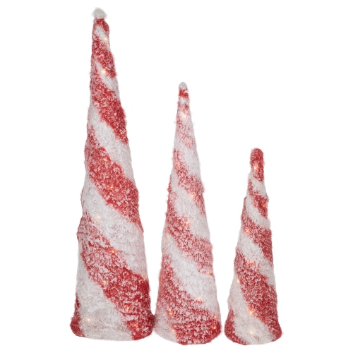 NORTHLIGHT  Led Lighted Snowy Candy Cane Striped Christmas Cone Trees - 3.25' - Set Of 3